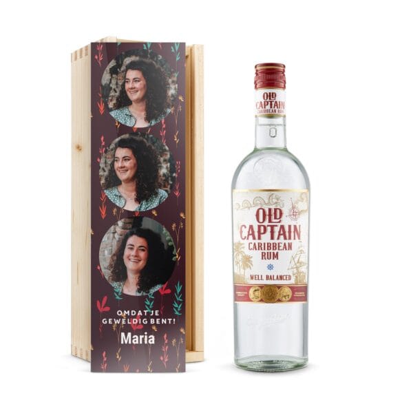 Bestel Rum in bedrukte kist - Old Captain (wit) met eigen foto