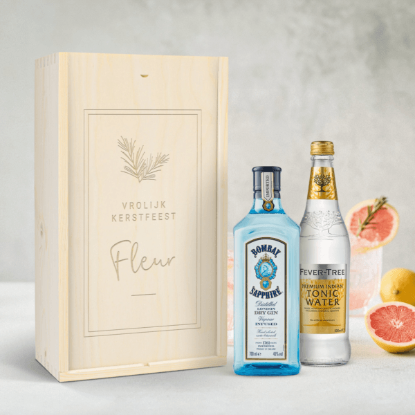 Bestel Gin-tonic pakket bedrukken - Bombay Sapphire (gegraveerd deksel) met eigen foto