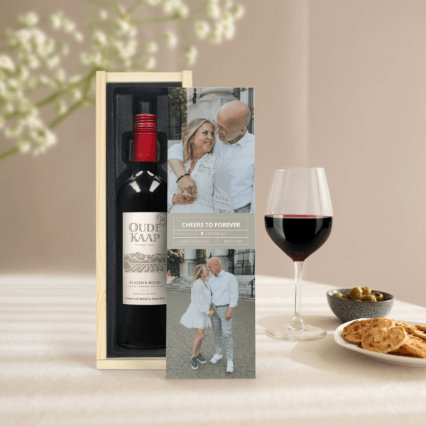 Bestel Wijn in bedrukte kist - Oude Kaap - Rood met eigen foto