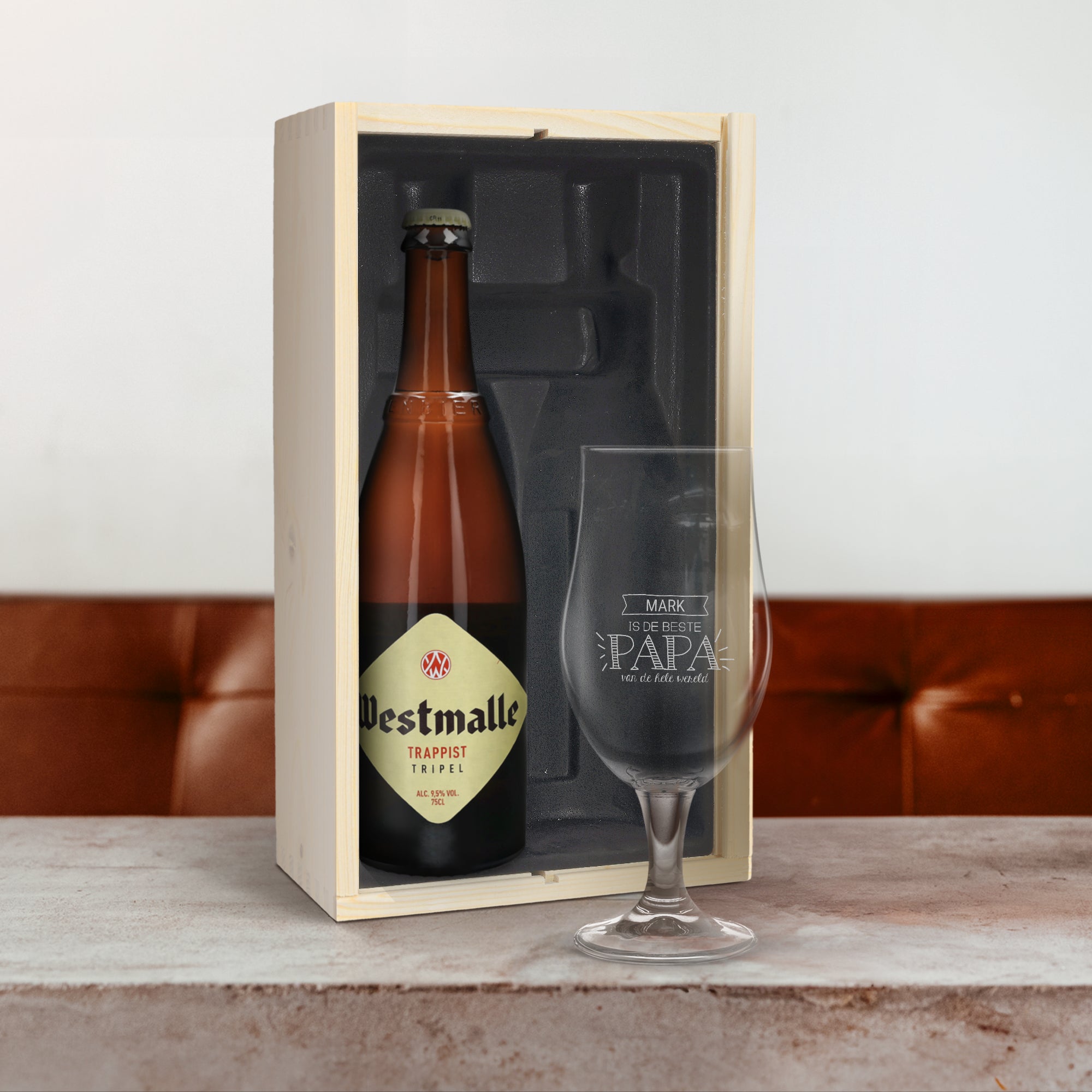 Bestel Vaderdag bierpakket met gegraveerd glas - Westmalle Tripel met eigen foto