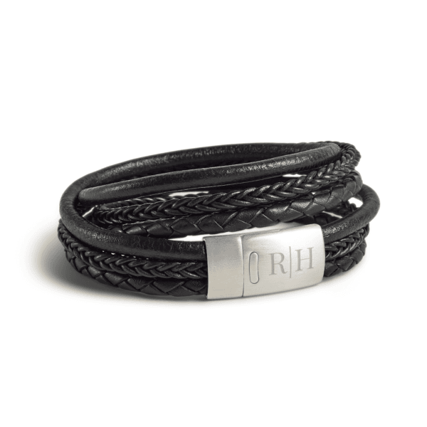 Bestel Luxe dubbele heren armband leer graveren - Zwart - M met eigen foto