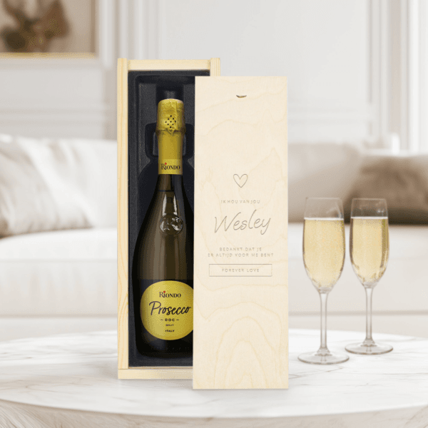 Bestel Wijn in gegraveerde kist - Riondo Prosecco Spumante met eigen foto