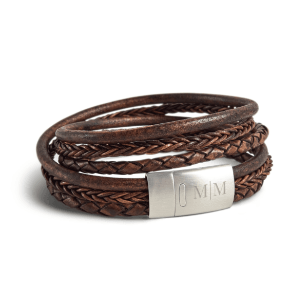 Bestel Luxe dubbele heren armband leer graveren - Bruin - S met eigen foto