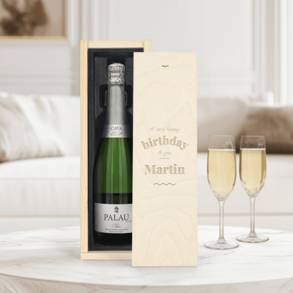 Bestel Cava in gegraveerde kist - Palau Gazo Brut met eigen foto