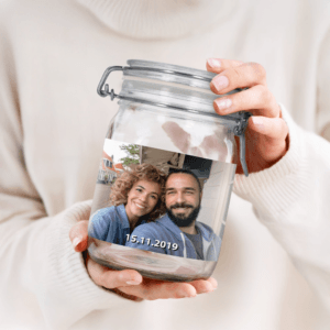 Bestel Glazen pot met deksel personaliseren - 1l met eigen foto