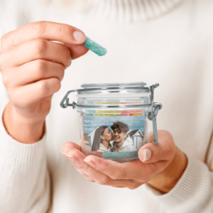 Bestel Snoeppot bedrukken - 200 ml - Zure Sticks met eigen foto