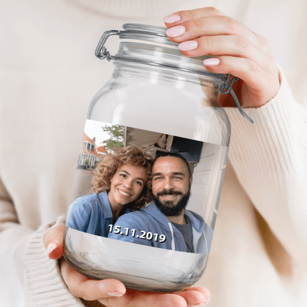 Bestel Glazen pot met deksel personaliseren - 2l met eigen foto