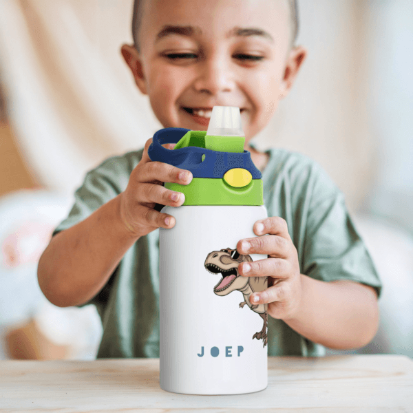 Bestel Kinderbeker met rietje bedrukken - Groen & Donkerblauw met eigen foto