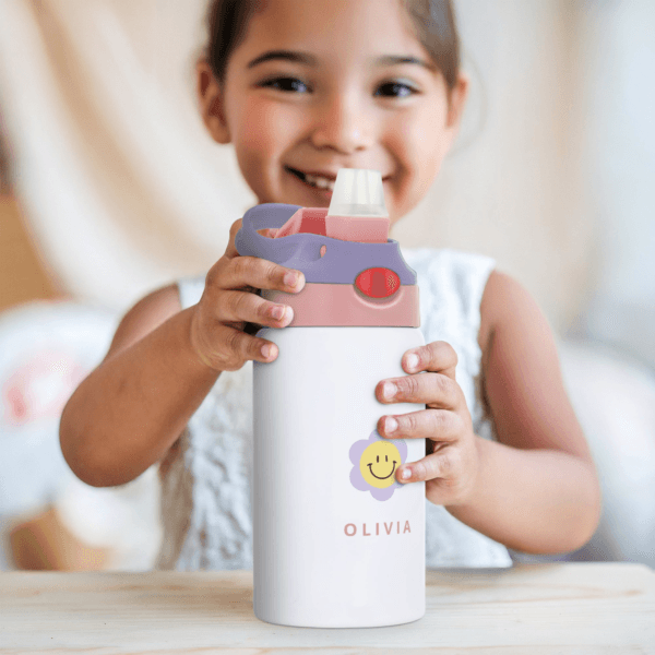 Bestel Kinderbeker met rietje bedrukken - Roze & Paars met eigen foto