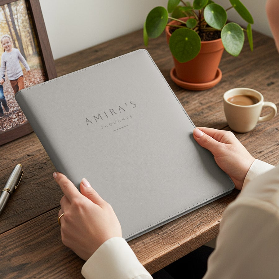 Bestel Schrijfmap - Grijs - Gegraveerd vegan leer met eigen foto