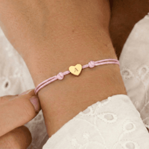 Bestel Gepersonaliseerde koord armband - Roze - Gouden hartje met eigen foto