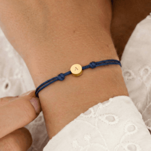Bestel Gepersonaliseerde koord armband - Blauw - Gouden rondje met eigen foto