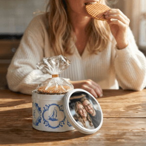 Bestel Stroopwafel blik met bedrukte deksel - Delfts Blauw - 230 gram - Daelmans met eigen foto