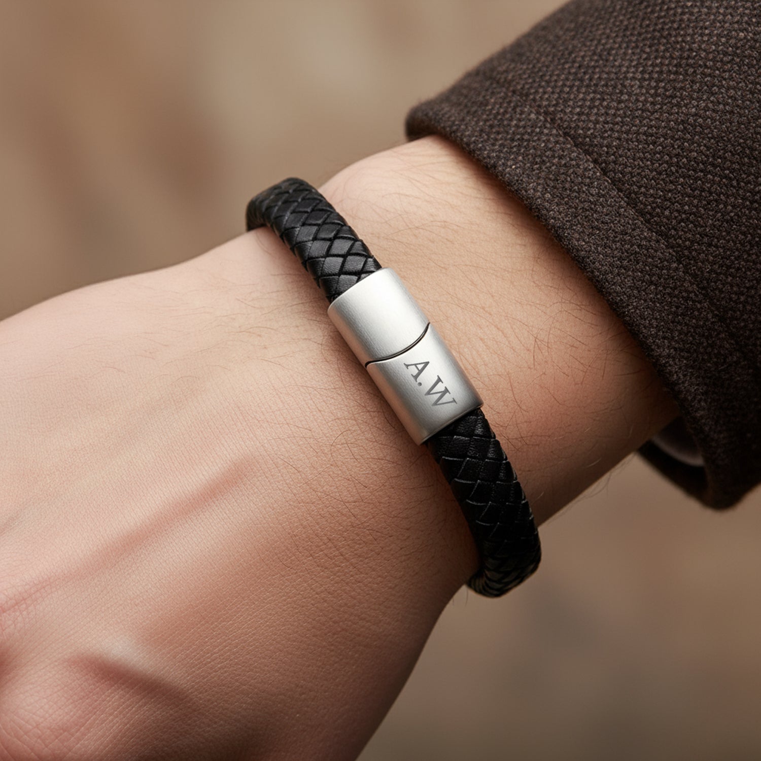 Bestel Gevlochten leren armband heren - Gegraveerd - Zwart - S met eigen foto