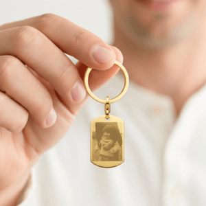 Bestel Gepersonaliseerde fotosleutelhanger - Dog tag - Goud met eigen foto