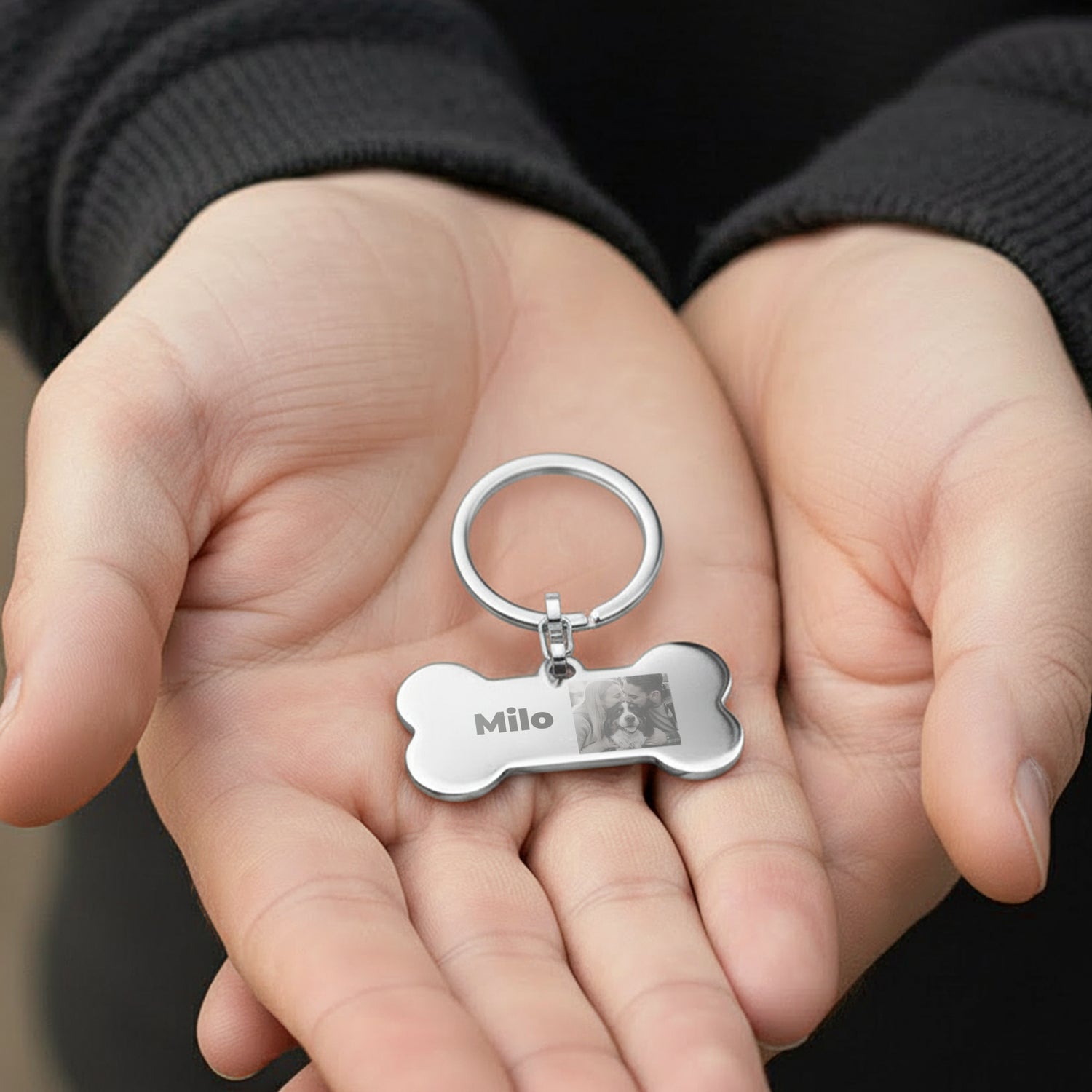 Bestel Gepersonaliseerde fotosleutelhanger - Bot - Zilver met eigen foto