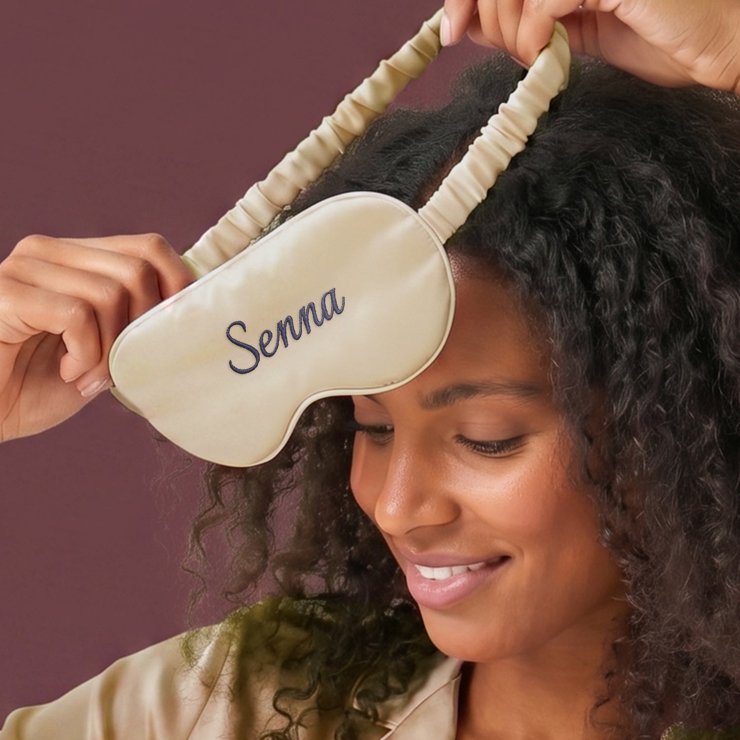Bestel Slaapmasker met naam - Geborduurd - Satijn - Beige met eigen foto