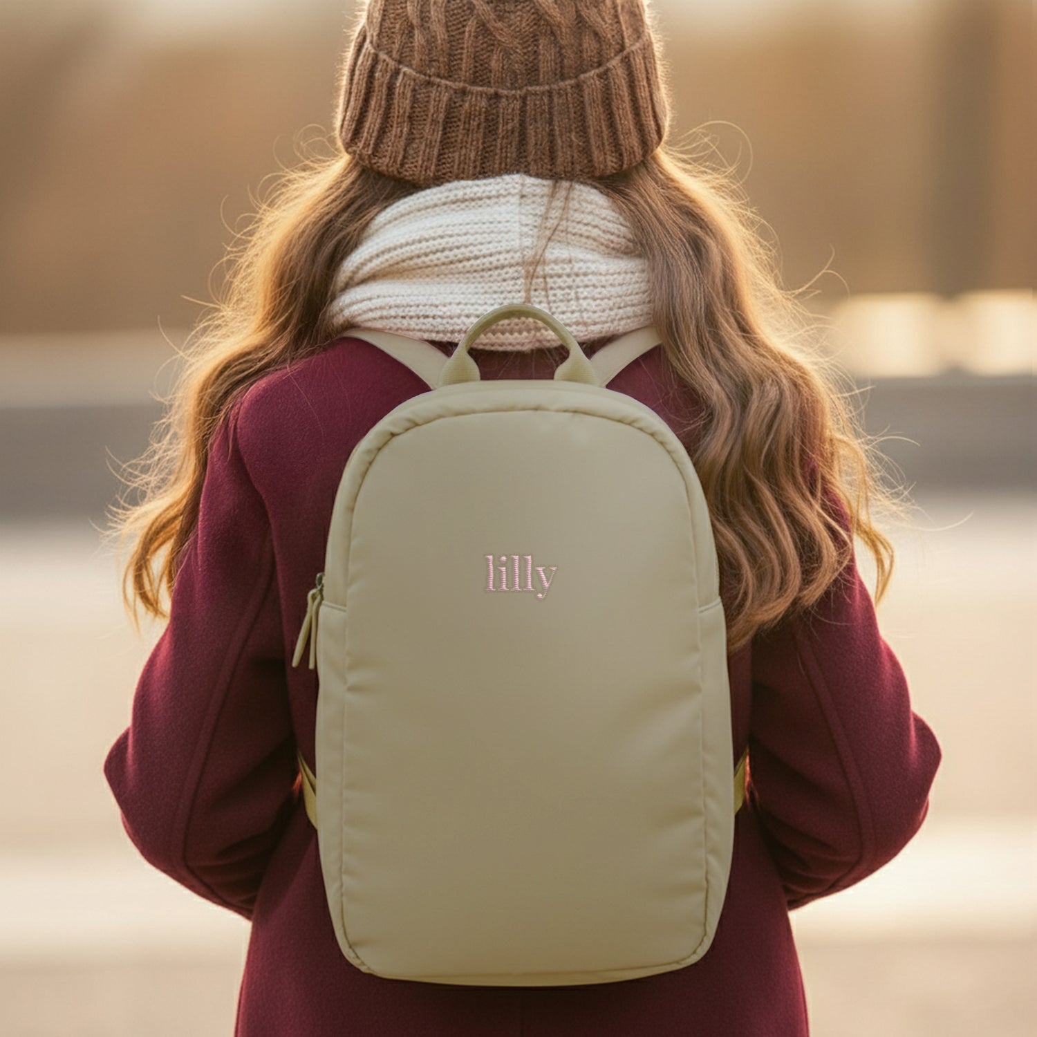 Bestel Gepersonaliseerde kinderrugzak - geborduurd - Taupe - Puffy style met eigen foto