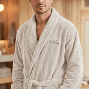 Bestel Heren badstof badjas - met je naam - beige - L/XL met eigen foto