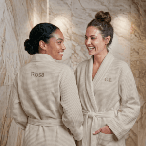 Bestel Wafel badjas dames met naam - Geborduurd - Beige - S/M met eigen foto