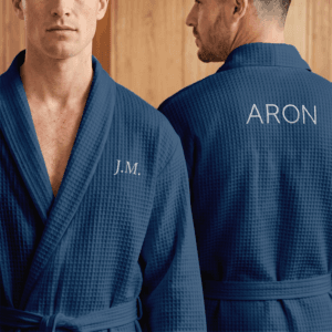 Bestel Wafel badjas heren met naam - Geborduurd - Blauw - L/XL met eigen foto