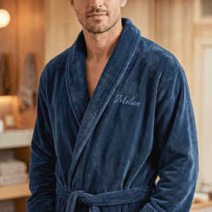 Bestel Badstof badjas voor heren - met naam - blauw - S/M met eigen foto