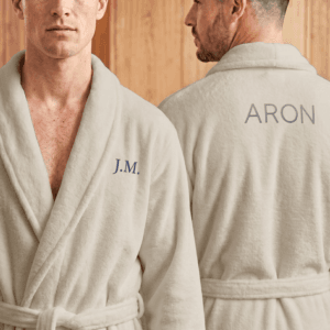 Bestel Fleece badjas heren met naam - Geborduurd - Beige - L/XL met eigen foto