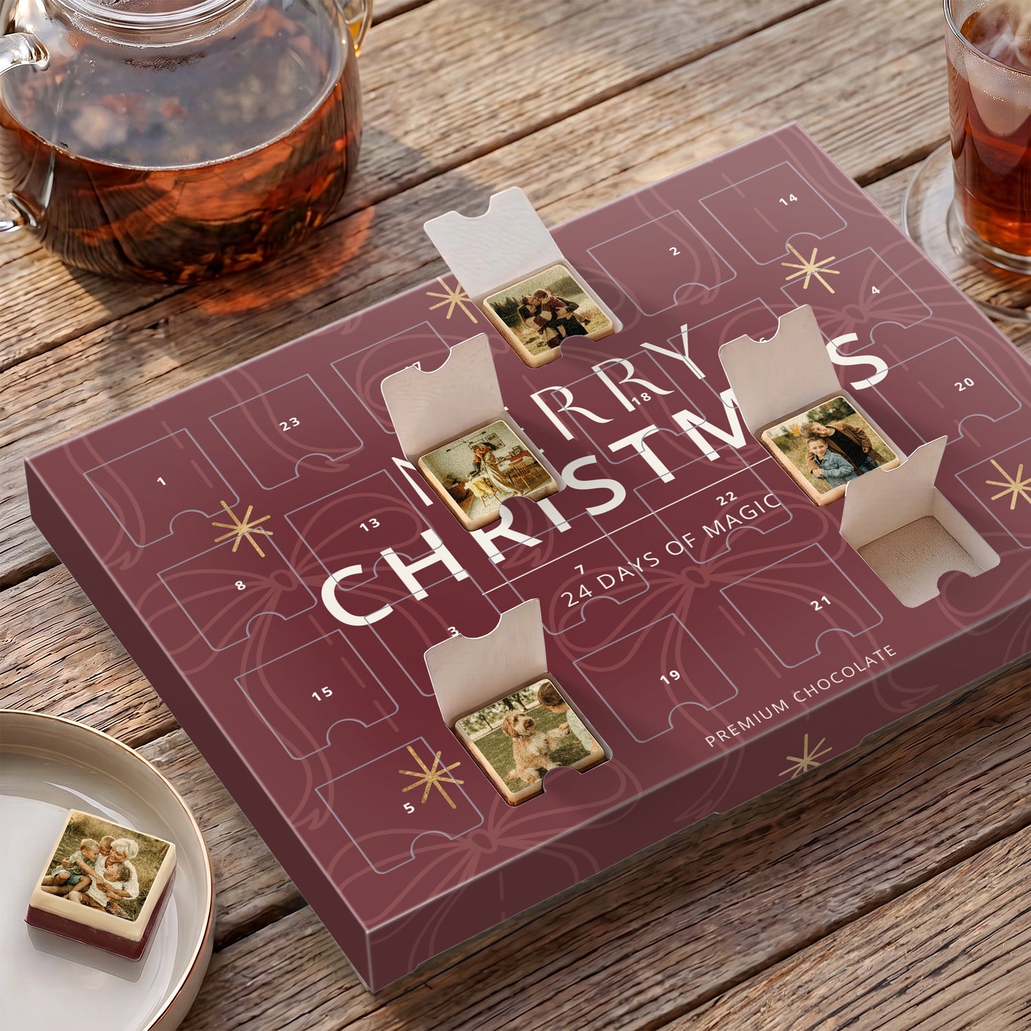 Bestel Gepersonaliseerde adventskalender met fotobonbons met eigen foto